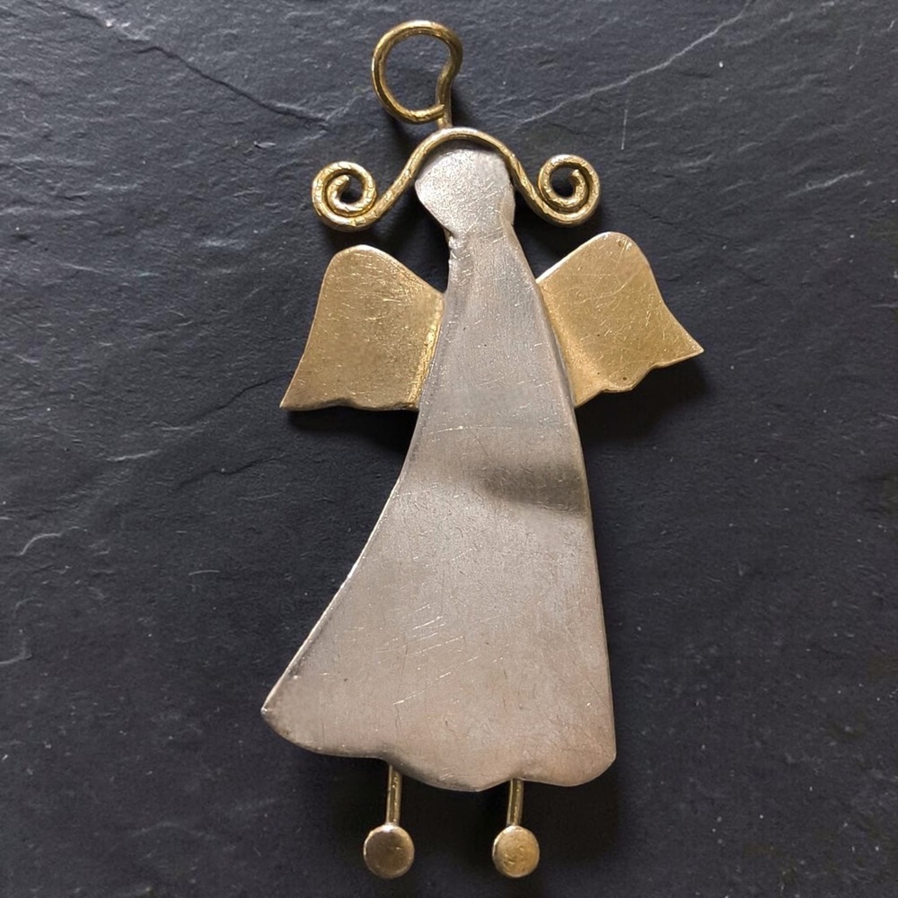 Vintage Alpaca Silver & Brass Angel Brooch/Pendant | Whimsical Folk Art